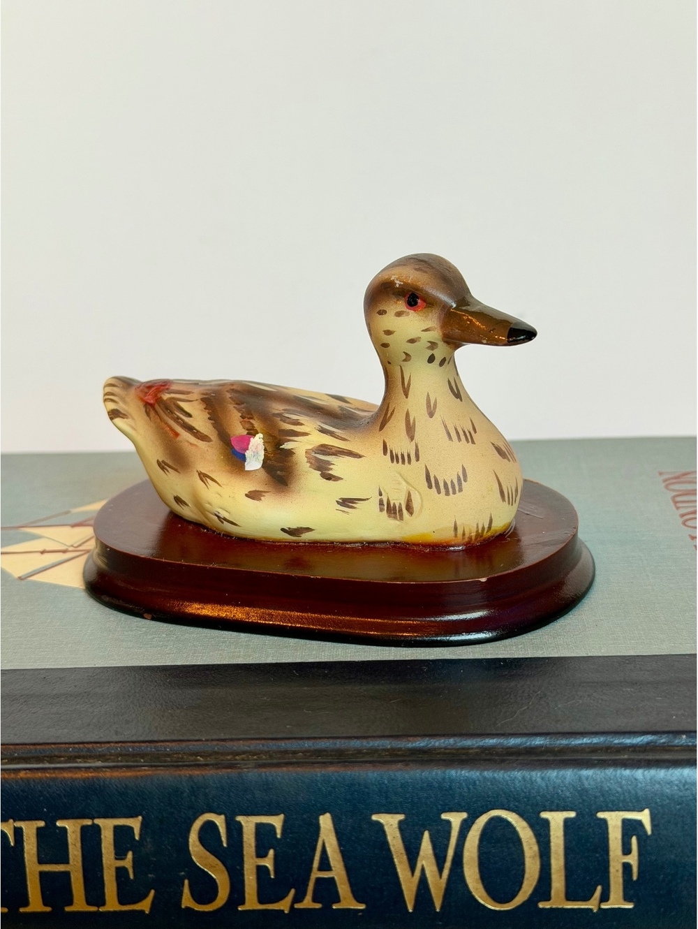 Vintage Hand Painted Duck Figurine Wood Base Mallard Bird Rustic Cottage Decor